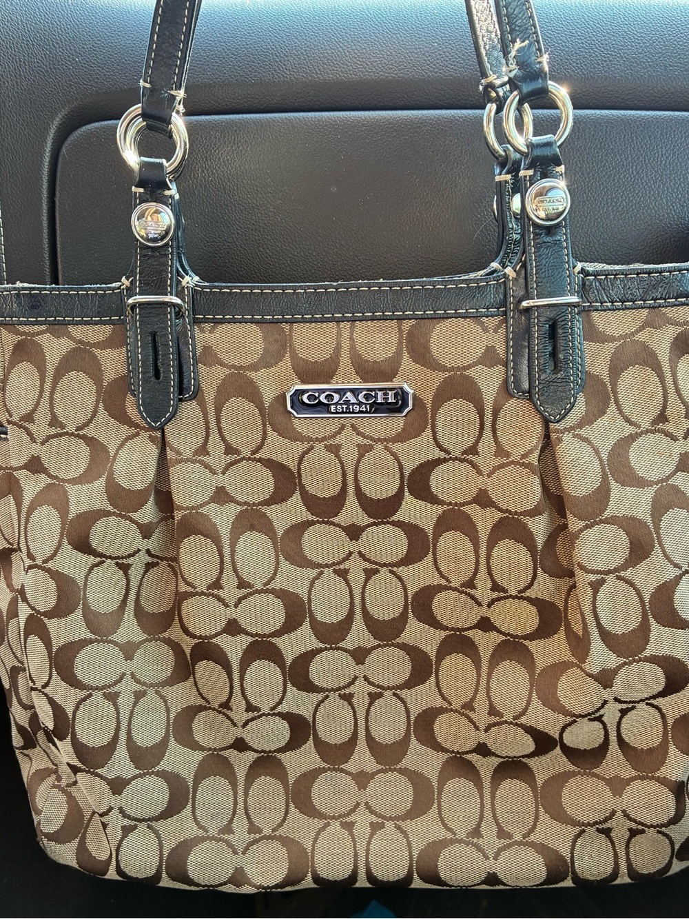 Coach Brown Signature Canvas Tote with Black Leather Trim
